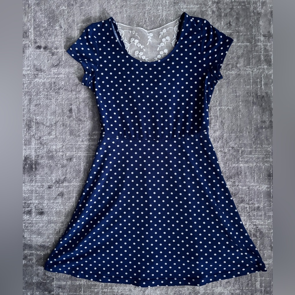 LAST CHANCE Doe & Rae Blue Polka Dot Dress with Lace Back Detail